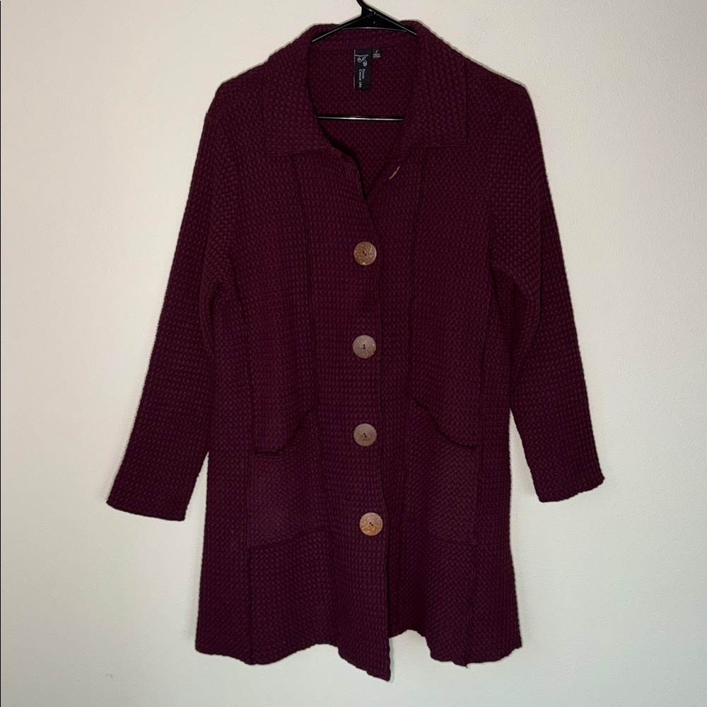 Focus Casual Life Waffle Knit Oversized Cotton Cardigan Sweater Wooden Buttons - Picture 1 of 5